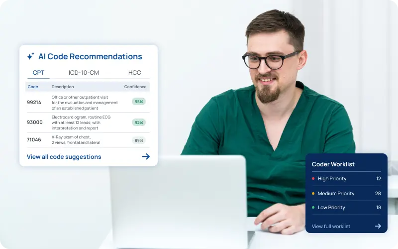 eCareAI medical coding agent with CPT, ICD-10, HCC capture and CDI queries